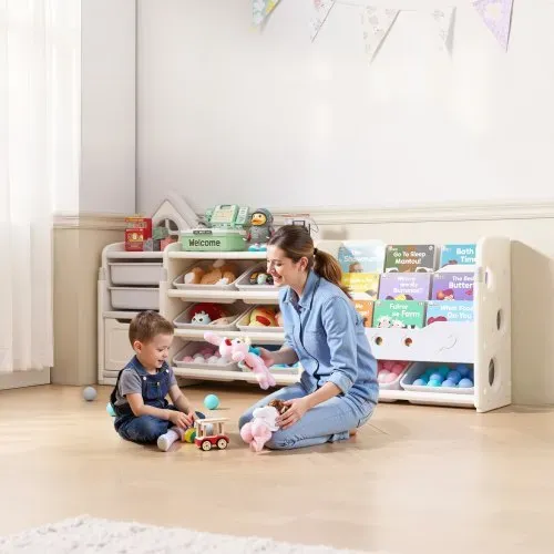 VEVOR Spielzeugaufbewahrung Bücherregal Spielzeugregal HDPE, 4-stöckige multifunktionale Ablage mit 10 flexiblen Kunststoffbehältern, für Schlafzimmer Klassenzimmer Kinderzimmer (Grau + Beige) – Bild 7