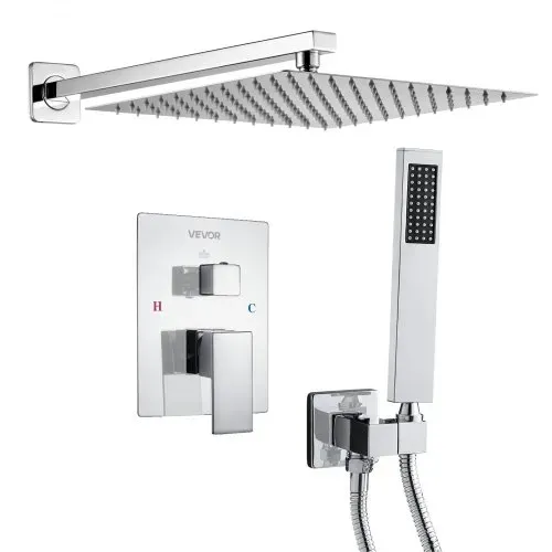 VEVOR Duscharmatur Regenduschsystem fürs Badezimmer Duschsystem mit 305 mm quadratischen Regenduschkopf & Handbrause, wandmontierte Badezimmerarmaturen mit Messingventil & Zierset, Silberchrom – Bild 9