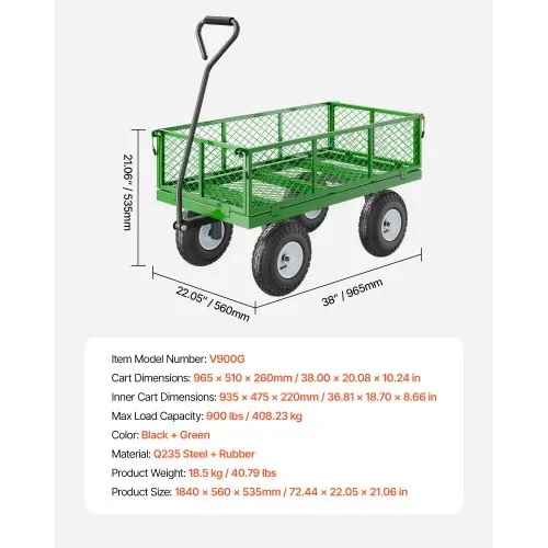 VEVOR Bollerwagen 408,23 kg, Transportwagen, Gerätewagen, Gartenwagen, Handwagen mit 10-Zoll-Reifen und abnehmbaren Seitenteilen aus Netzgewebe (umbaubar in Pritsche) und um 180° drehbarem Griff – Bild 6