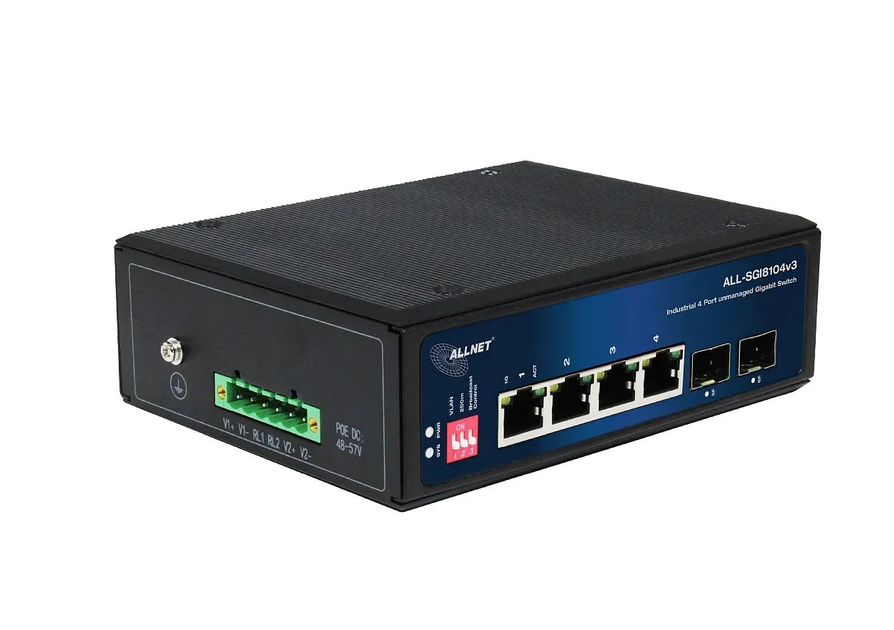 ALLNET Switch industrial unmanaged Layer2 6 Port GbE • 4x GbE • 2x SFP • Lüfterlos , IP40 • ALL-SGI8104v3 – Bild 4