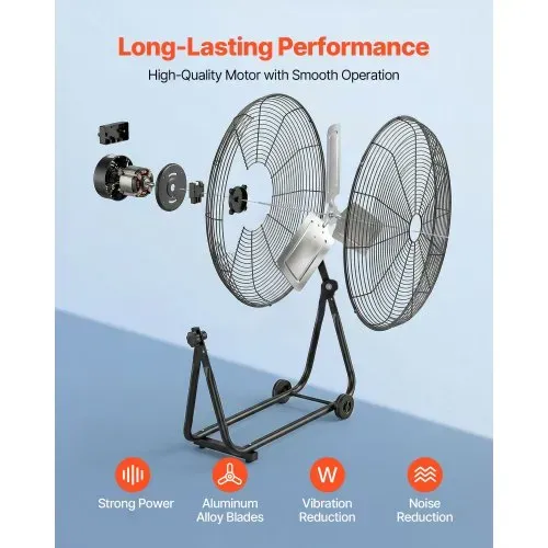 VEVOR Bodenventilator Ø609,6mm, Windmaschine 360° Neigbar, Standventilator mit 3 Geschwindigkeitsstufen, Trommelventilator Tragbar mit Griff Rollen & 1,6m Kabel, Industrie-Ventilator für Garage Lager – Bild 2