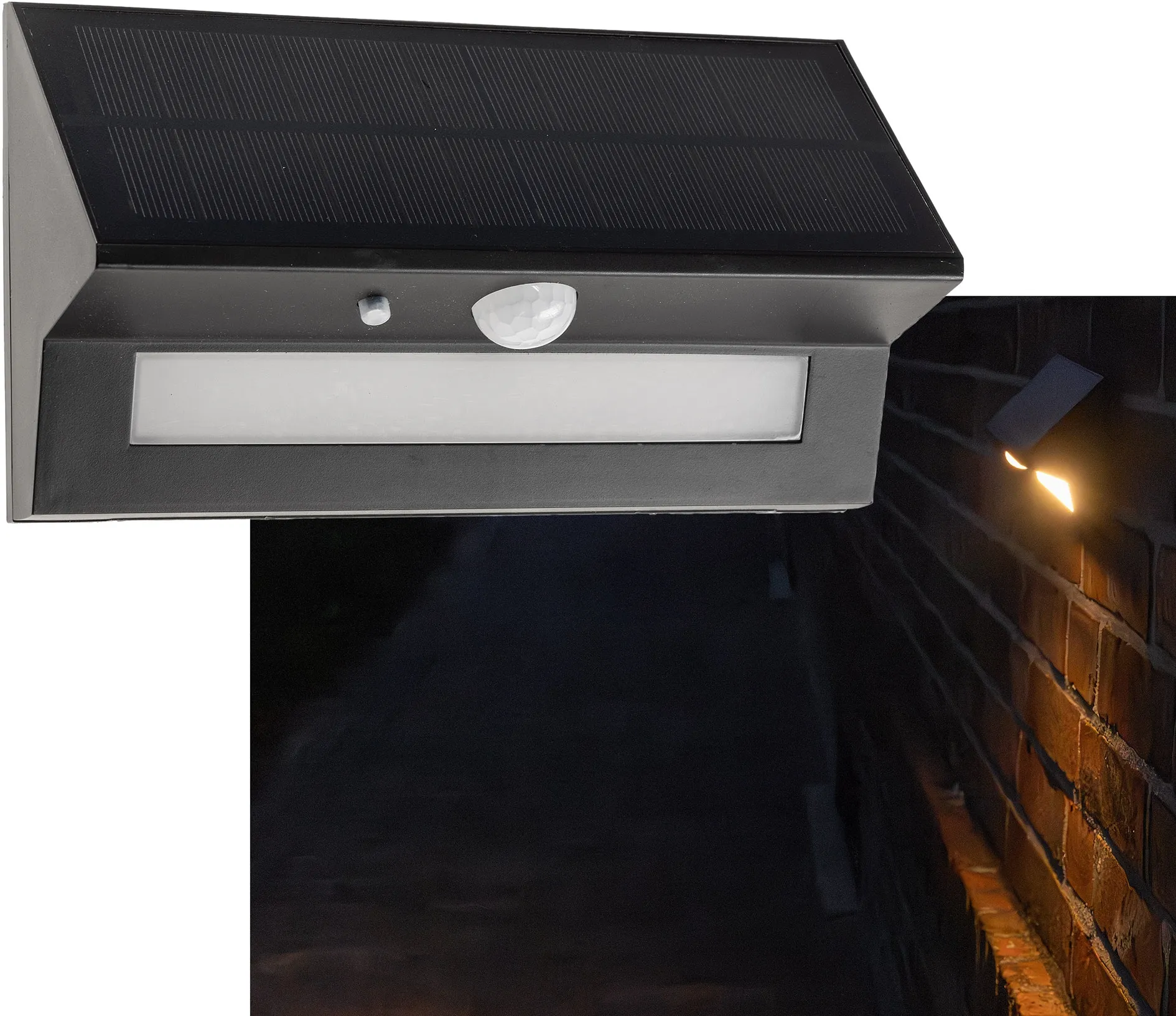 LED Solar Wandleuchte „SWL-AS400“ IP44, warmweiß 3000K, PIR Sensor LED Solar Wandleuchte „SWL-AS400“ IP44, warmweiß 3000K, PIR Sensor