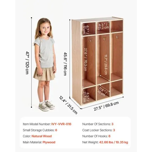VEVOR Offener Kinderkleiderschrank aus Sperrholz, Kindergarderobe mit 6 Haken & 9 Fächern (3 Groß + 6 Klein), Garderobenregal & Aufbewahrungsregal für Kinderzimmer Zuhause Kindergarten Kita – Bild 6