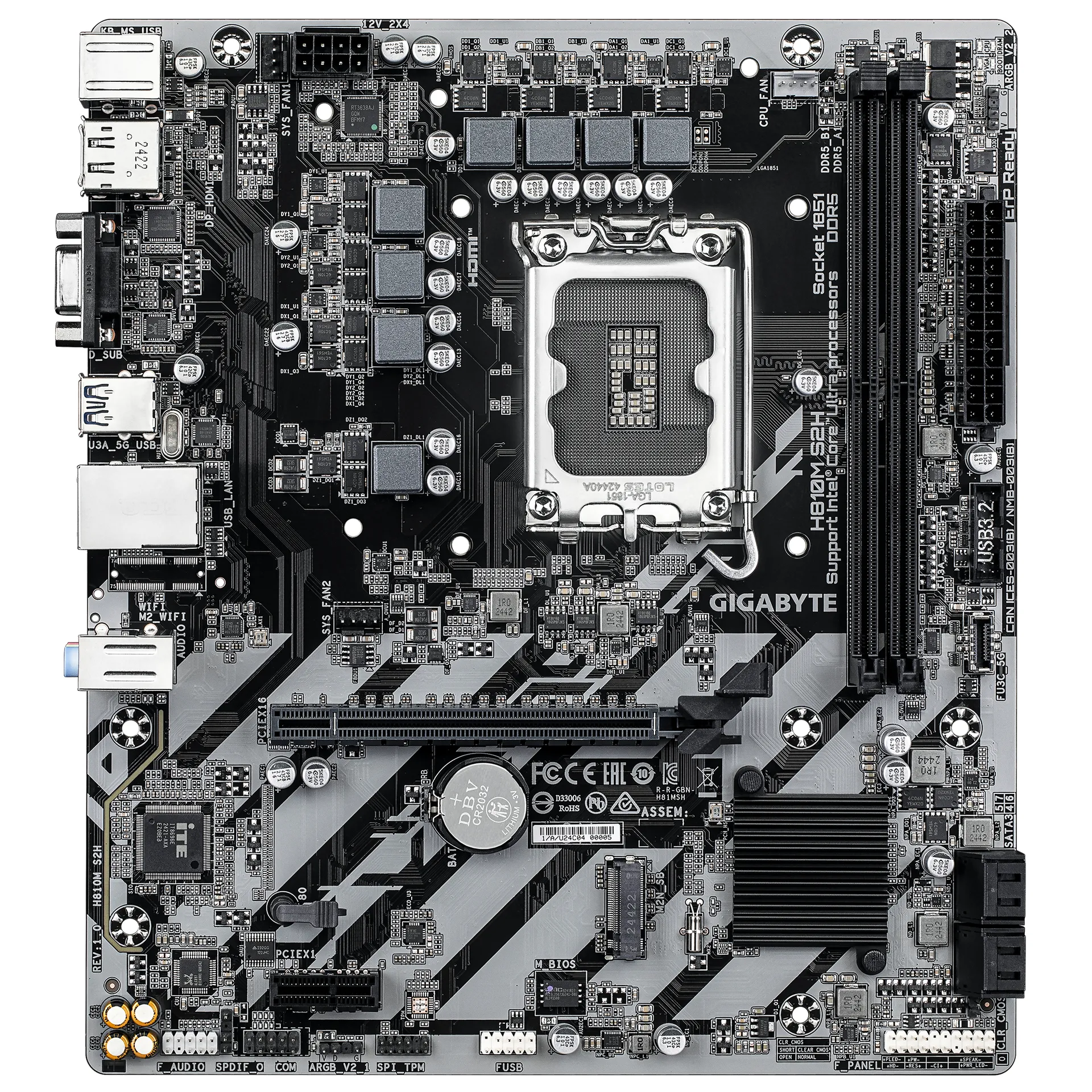 GIGABYTE H810M S2H Mainboard – Intel Core Ultra (Serie 2) CPUs, 4+1+2 Phasen VRM, bis zu 6400 MHz DDR5, 1xPCIe 4.0 M.2, 1GbE LAN, USB 3.2 Gen 1 – Bild 2