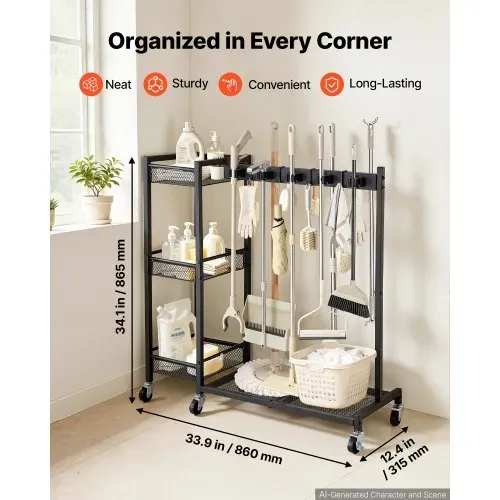 VEVOR Gartengeräte Ständer 851x300x865mm Gerätehalter Klemmsystem Schwarz, Aufbewahrungsregal für Garage Schuppen Garten, Organizer aus Stahl für Besen Mopp Rechen, mit 3 Ablagefächern Haken & Rollen VEVOR Gartengeräte Ständer 851x300x865mm Gerätehalter Klemmsystem Schwarz, Aufbewahrungsregal für Garage Schuppen Garten, Organizer aus Stahl für Besen Mopp Rechen, mit 3 Ablagefächern Haken & Rollen
