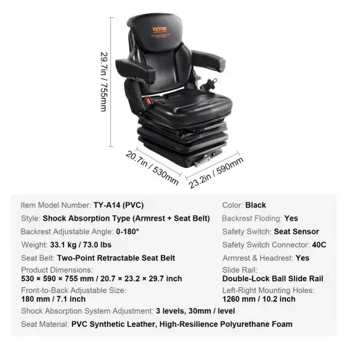 VEVOR Traktorsitz 590 x 560 x 755 mm, 0–180° Schleppersitz, Universal Traktorsitz, Traktorsitz Schleppersitz, Gabelstapler PVC 33,1 kg für die meisten mechanischen Sitze wie Gabelstapler – Bild 6