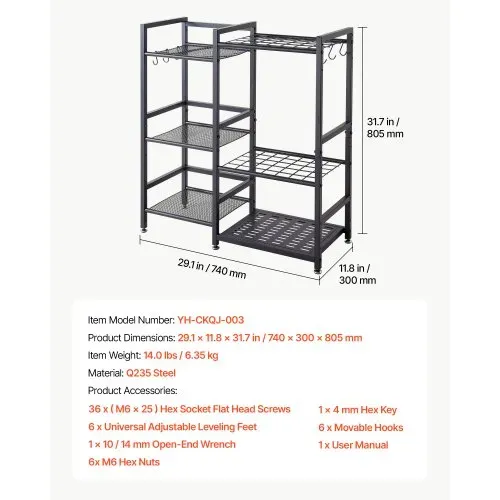 VEVOR Gartengeräte Ständer 740x300x805mm 3-Stöckiger Gerätehalter Schwarz, Aufbewahrungsregal für Garage Schuppen Garten & Outdoor, Organizer aus Stahl mit 3 Ablagefächern 6 Haken & Nivellierfüßen – Bild 6