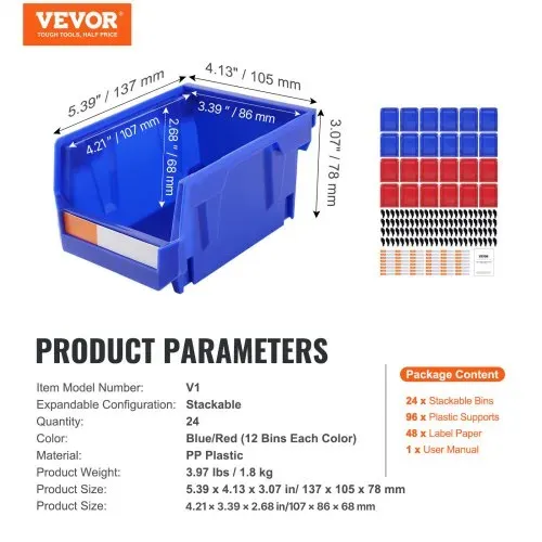 VEVOR Kunststoff-Aufbewahrungsbehälter (12,7 x 10,2 x 7,6 cm), hängender, stapelbarer Aufbewahrungsbehälter, blau/rot, 24er-Pack, robuste Stapelbehälter für die Organisation von Schränken, Küchen, Büros oder Vorratskammern – Bild 6