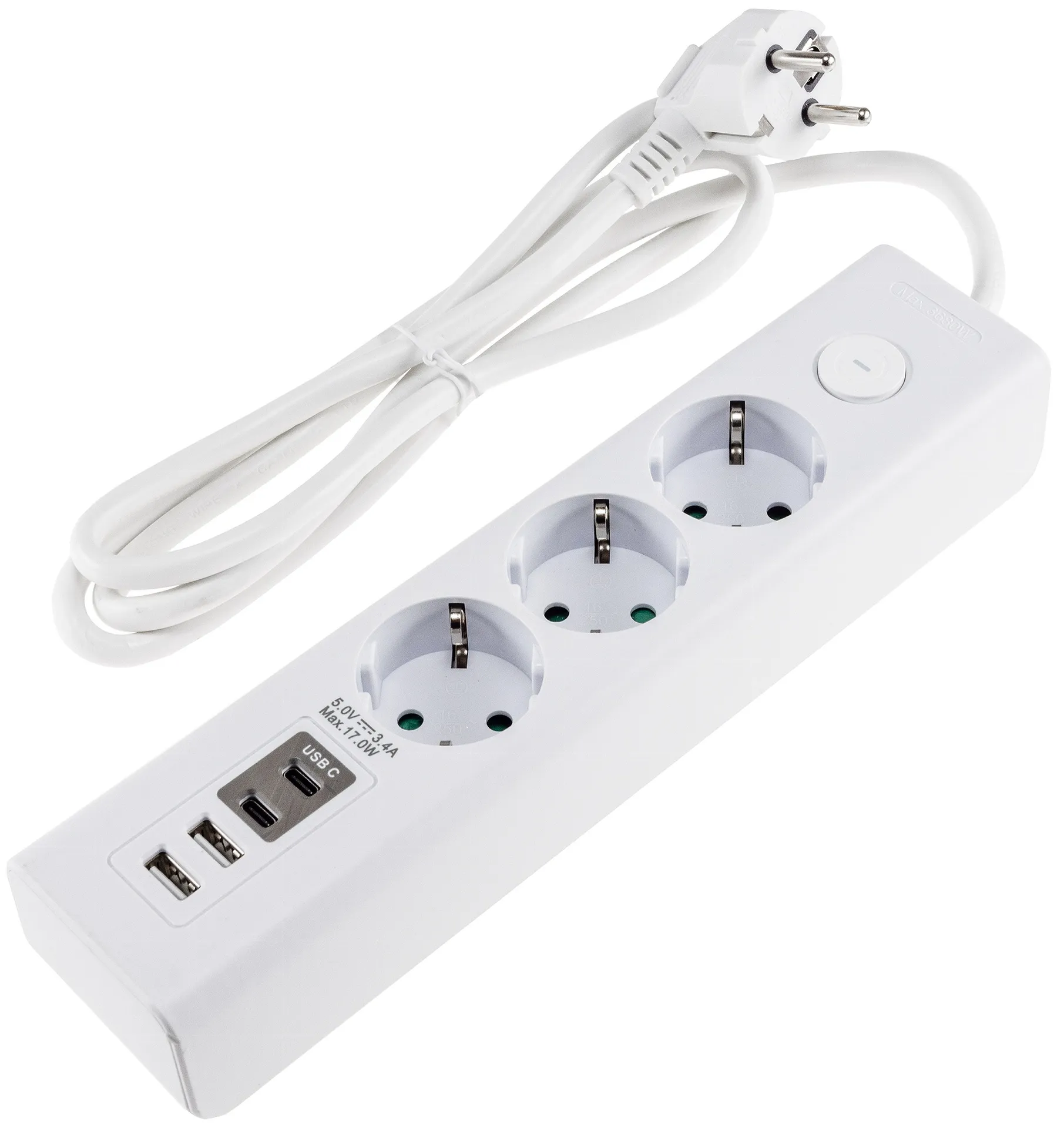 Steckdosenleiste mit Ladebuchsen für USB USB-A /USB-C,3-fach, weiß, 1,5m Kabel Steckdosenleiste mit Ladebuchsen für USB USB-A /USB-C,3-fach, weiß, 1,5m Kabel