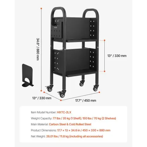 VEVOR Bücherwagen, 70 kg Tragkraft, Bibliothekswagen, 45 x 33 x 88 cm, Doppelseitiges L-förmiges Bücherregal mit Doppelbremsrollen, Bücherregalwagen für Wohnzimmer, Büro, Schule, Schwarz – Bild 6