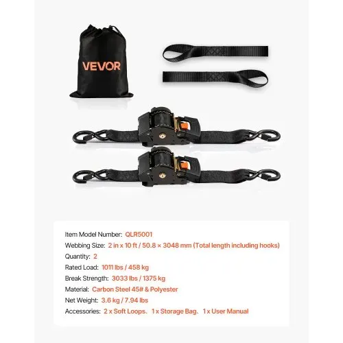 VEVOR Automatik Spanngurt, 50,8 mm x 3 m, Zurrgurte mit S-Haken, 1375 kg Bruchlast, 2 weiche Schlaufen, Ratschenmechanismus für Umzüge, Anhänger, Motorräder, Kajaks, Autodächer, 2er-Pack – Bild 6