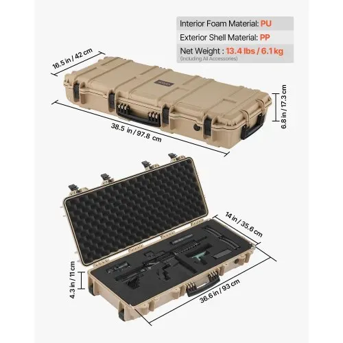 VEVOR Waffenkoffer mit Hartschale für Langwaffen, abschließbarer Gewehrkoffer mit vorgeschnittenen Schaumstoffen, Langwaffenkoffer Waffenaufbewahrung rollbar IP67 wasserfest, 97,8 x 42 x 17,3 cm Khaki – Bild 2
