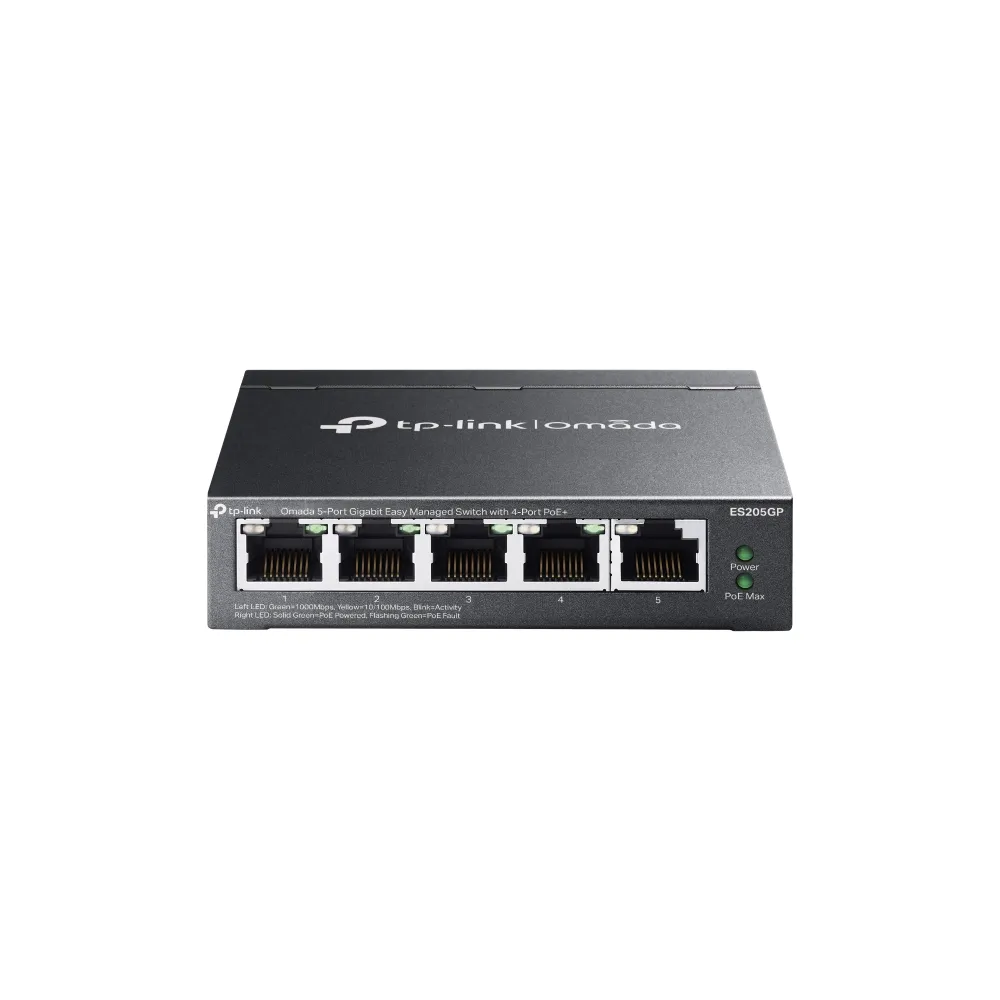 TP-Link Switch full managed Layer2 5 Port • 5x 1 GbE • PoE Budget 65 Watt • 4x PoE at • Lüfterlos, Omada • ES205GP TP-Link Switch full managed Layer2 5 Port • 5x 1 GbE • PoE Budget 65 Watt • 4x PoE at • Lüfterlos, Omada • ES205GP