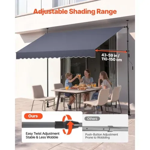 VEVOR Klemmmarkise 300 cm, Höhenverstellbare Markise mit Handkurbel, Terrassenmarkise UPF 80+ Sonnenschutz, Sonnenmarkise, Balkonmarkise, Ideal für Terrasse, Balkon & Garten, Dunkelgrau – Bild 3
