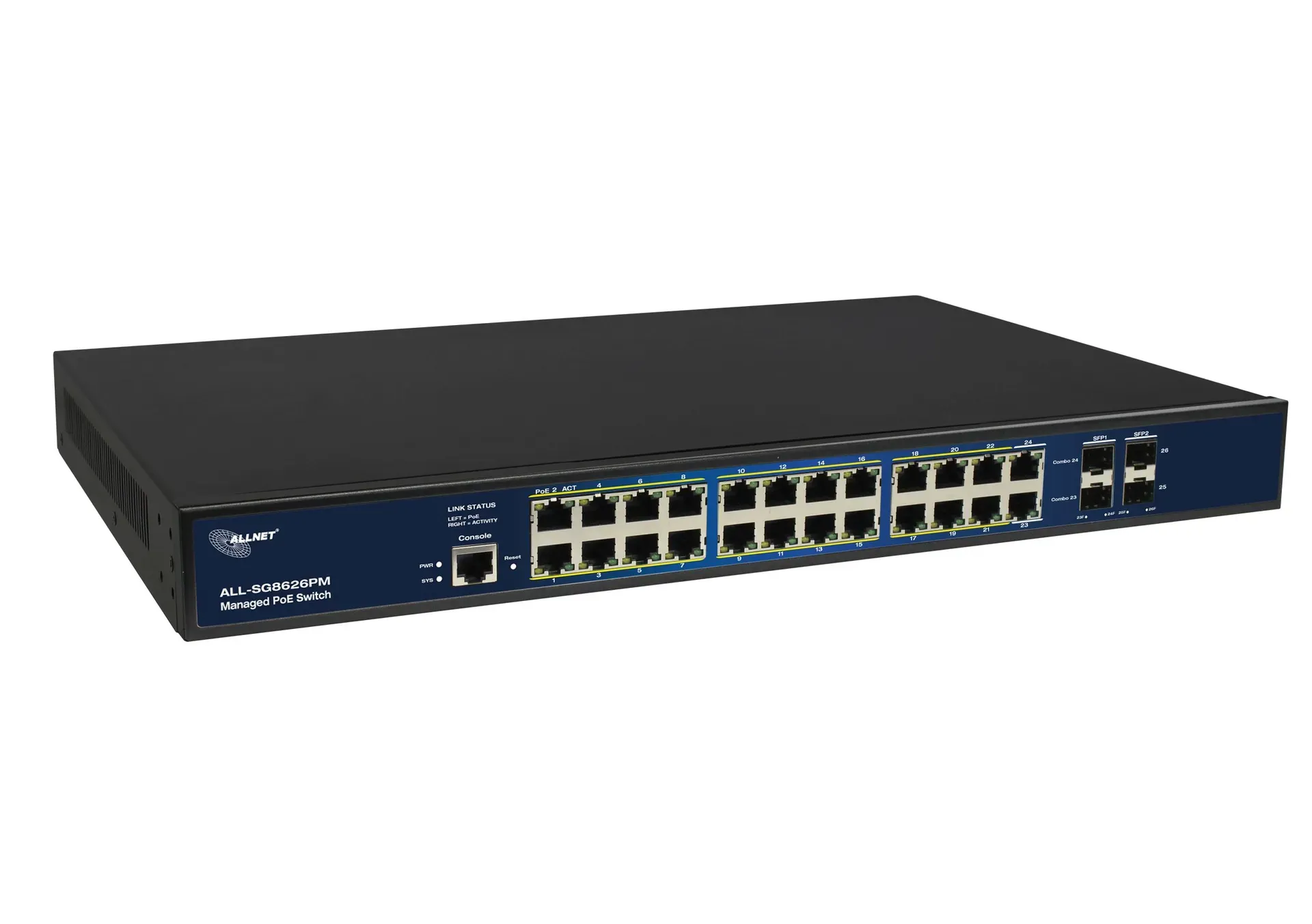 ALLNET Switch full managed Layer2+ 26 Port • 24x GbE • PoE Budget 370W • 22x PoE at • 2x Combo • 2x SFP • 19" • Lüfterlos • JSON API • ALL-SG8626PMJ – Bild 2