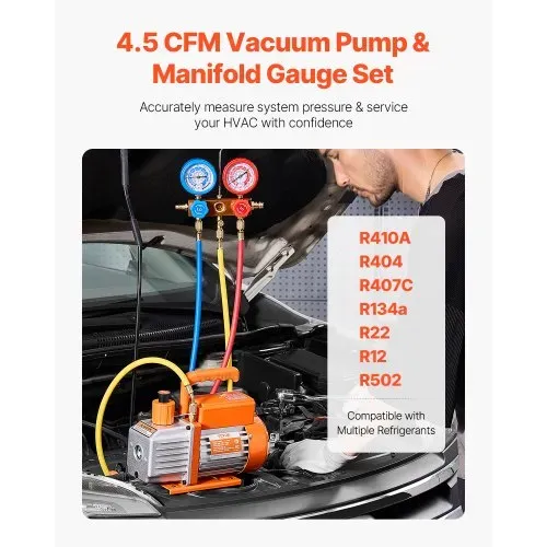 VEVOR 4,5 CFM AC-Vakuumpumpe & Manometer-Set, 1-stufige-HVAC-Luftvakuumpumpe, A/C-Kältemittelverteiler-Manometer-Kit, mit Lecksuchschläuchen, für R134a, R12, R22, R502a, R410A, R404, R407C VEVOR 4,5 CFM AC-Vakuumpumpe & Manometer-Set, 1-stufige-HVAC-Luftvakuumpumpe, A/C-Kältemittelverteiler-Manometer-Kit, mit Lecksuchschläuchen, für R134a, R12, R22, R502a, R410A, R404, R407C
