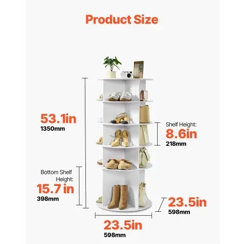 VEVOR Schuhregal Schuhschrank für 20 Paar Schuhe (5-stöckig) 360° drehbar, platzsparende Schuhaufbewahrung, Schuhablage für Schlafzimmer Wohnzimmer Eingangsbereich, Weiß 598 x 598 x 1350 mm – Bild 2