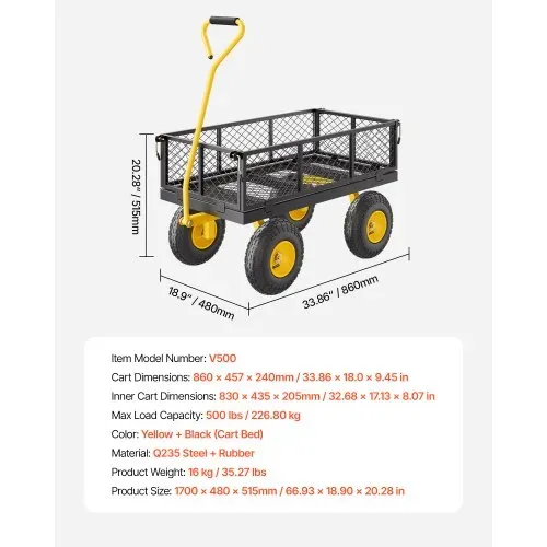 VEVOR Bollerwagen 226,80 kg, Transportwagen, Gartenwagen, Gerätewagen, Handwagen mit großen Geländereifen, abnehmbaren Seitenteilen aus Netzmaterial und um 180° drehbarem Griff, Gelb/Schwarz – Bild 6