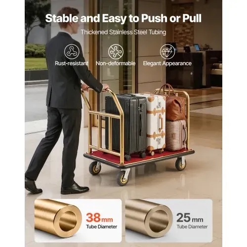 VEVOR Hotelgepäckwagen aus Edelstahl, 340,19 kg Belastbarer Kofferwagen mit 6 Zoll Gummirädern, Hotelwagen mit Rotem Teppichboden, Gewerblicher Plattformwagen für Hotels Ferienwohnungen Resorts, Gold – Bild 4