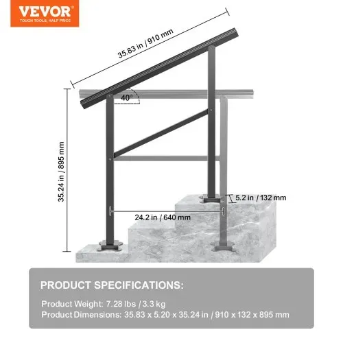 VEVOR Handlauf aus Aluminium Treppengeländer 91,4 x 89,5 cm Geländer mit Querstreben Brüstung 75 kg Tragfähigkeit 0-50 Grad Anpassung an Treppe Handlauf Außen Geeignet für 2 bis 3 Stufen Treppe – Bild 6