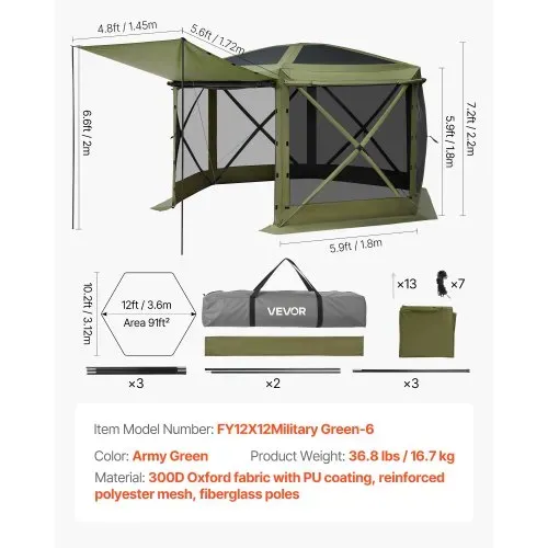 VEVOR Pop-up-Pavillon, 3,6x3,6 m, großes 6-seitiges Campingzelt mit abnehmbarem Dach & Tragetasche, Partyzelt, Sonnenschutz für 8-10 Personen, für Garten & Terrasse, Grün – Bild 6