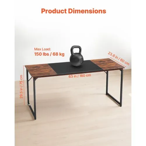 VEVOR Computertisch Bürotisch Schreibtisch (160 x 60 cm Tischplatte), moderner Arbeitstisch mit Metallrahmen & 68 kg Tragkraft für Homeoffice Arbeitszimmer Schlafzimmer Wohnzimmer, Braun Schwarz – Bild 2