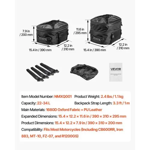 VEVOR Motorradhecktasche Rücksitztasche (22-34 L) mit wasserfester Regenabdeckung, Motorrad-Gepäckaufbewahrung, Gepäckträgertasche mit Riemen & elastischer Kordel, Motorradgepäck Schwarz – Bild 6