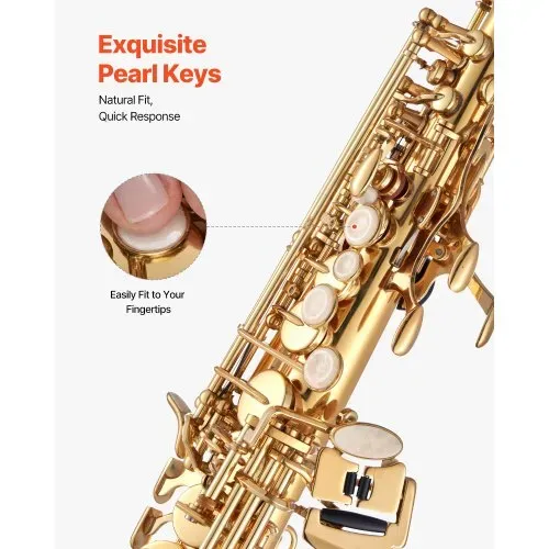 VEVOR Sopransaxophon, B-Dur, Messing-Saxophon-Anfängerset mit Tragetasche, Mundstück, Reinigungstuch, Stab, Handschuhen, Umhängeband, 23-Tasten-Sax-Set, für Anfänger & Schüler, Gold – Bild 3