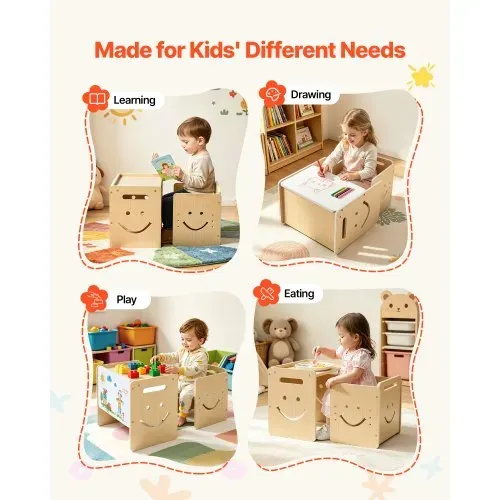 VEVOR Montessori-Tisch- & Stuhlset, Holz, Kindersitzgruppe für Kleinkinder von 1-5 Jahren, Tritthocker mit Whiteboard & 3-Fach Höhenverstellbar, zum Essen, Zeichnen, Lesen & Spielen – Bild 6