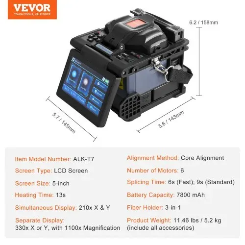 VEVOR Glasfaser-Spleißgerät mit 6 Motoren, Kernausrichtung, 6 s Spleißen & 13 s Aufheizen, Glasfaser-Spleißgerät mit 5-Zoll-LCD-Bildschirm, 3-in-1-Faserhalter, 7800 mAh Akku für SM MM DS NZDS-Faser – Bild 6
