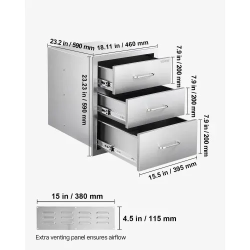 VEVOR Outdoor Küchenschubladen 46x59x59 cm (BxTxH), Dreifach-Grillschubladen aus Edelstahl mit Griffen, Grillschubladen für Außenküche oder Grillinsel-Terrassengrillstation Schubladenschrank – Bild 6
