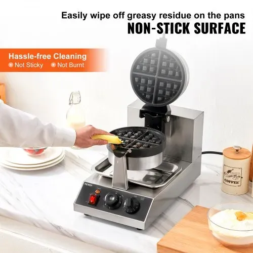 VEVOR Rundes Waffeleisen Waffel 1300 W, Kontaktgrill Belgische Waffeleisen 4 Stk. Edelstahl Waffeln Automat inkl. Lebensmittelclip & Bürsten & Verbrühungssicherer Griff, für Cafés, Restaurant usw. – Bild 3