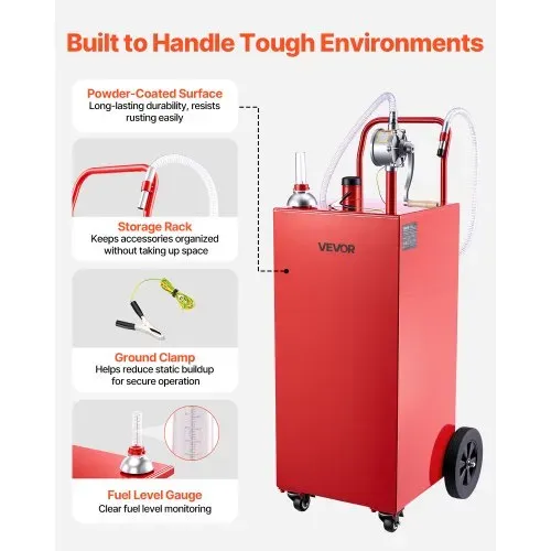 VEVOR 189,3L Kraftstofftrolley Mobile Tankanlage mit Manueller Pumpe Rot, Kohlenstoffstahl, Mit 4 Rollen & 3m PVC-Schlauch, Max. 17,8L/min Durchfluss, Benzin & Diesel, Ideal für Auto Rasenmäher Boot – Bild 5