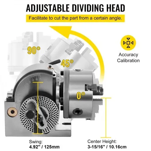 VEVOR Teilapparat mit backenfutter MT2, Rotary Tisch mit Indizierung Höhe der Mitte 100 mm, Dividing Head 23 kg, Rotary Tisch mit Tellern, Eine Starke Unterstützung zu Bearbeitenden Werkstück – Bild 3