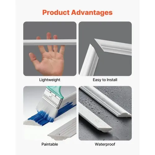 VEVOR Wandform-Set, 3er-Pack, 57,91/121,92/143 cm Stuckleisten aus Lackierbarem Polystyrol, Wasserfeste Wandleiste, Zierleiste für Wände, Friesleisten für Wohnzimmer, Schlafzimmer, Zuhause, Weiß – Bild 3