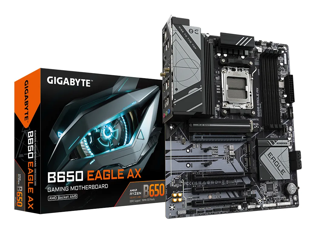 GIGABYTE B650 EAGLE AX Mainboard – AMD Ryzen 9000er-Serie, 12+2+2 Phasen VRM, bis zu 7600 MHz DDR5 (OC), 1xPCIe 5.0 + 2xPCIe 4.0 M.2, GbE LAN, WIFI 6E, USB 3.2 Gen 2 GIGABYTE B650 EAGLE AX Mainboard – AMD Ryzen 9000er-Serie, 12+2+2 Phasen VRM, bis zu 7600 MHz DDR5 (OC), 1xPCIe 5.0 + 2xPCIe 4.0 M.2, GbE LAN, WIFI 6E, USB 3.2 Gen 2