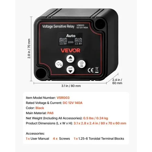 VEVOR Trennrelais, 12 V, 140 A, Doppelbatterie Isolator mit LCD-Bildschirm, intelligenter Batterietrennschalter für Lithium- und Blei-Säure-Batterien, für Auto, LKW, Wohnmobil, UTV, ATV, Boot – Bild 6