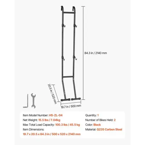 VEVOR Fahrradständer Vertikaler Abstellständer für 2 Fahrräder Schwarz, Kohlenstoffstahlrahmen, Mit Höhenverstellbare Haken, Freistehend & Bohrlos, Max. 45,5 kg Tragkraft, Universal für MTB Rennrad – Bild 6