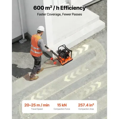 VEVOR Benzin Rüttelplatte, 6,5 PS (212 CC) Motor, 6400 U/min Vibrationsstampfer, 15 kN Verdichtungsdruck, Platte 530x400 mm, Handgeführter Rüttler für Pflasterarbeiten, Asphalt & Fundamente – Bild 2