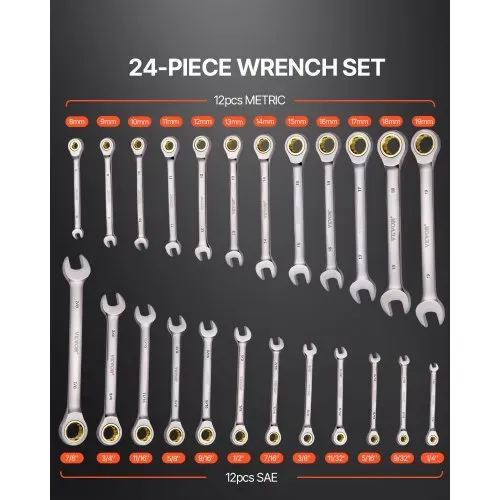VEVOR Schlüsselsatz 24-teiliger Ratschenschlüsselsatz mit Organizer-Rack, Cr-V-Stahl-Schlüsselsatz SAE 1/4 Zoll bis 7/8 Zoll, metrisch 8 mm bis 19 mm, ideal für Haushalt Autoreparaturen Werkstatt VEVOR Schlüsselsatz 24-teiliger Ratschenschlüsselsatz mit Organizer-Rack, Cr-V-Stahl-Schlüsselsatz SAE 1/4 Zoll bis 7/8 Zoll, metrisch 8 mm bis 19 mm, ideal für Haushalt Autoreparaturen Werkstatt