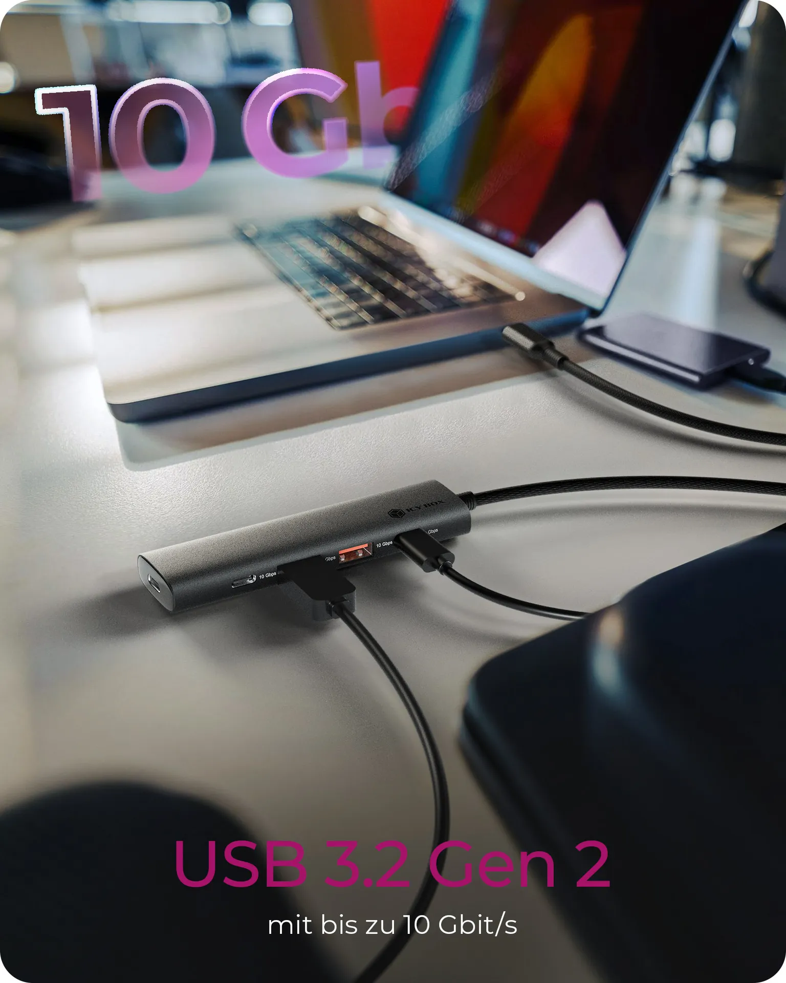 ICY BOX IB-HUB1437-CPD, 4-Port USB 3.2 Gen 2 Hub, 10 Gbit/s, 2x Type-C® + 2x Type-A, 1x USB PD 100 W, 30cm Cable – Bild 5