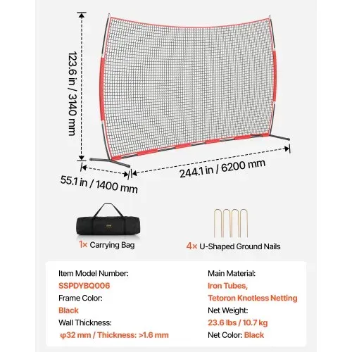 VEVOR Backstop-Netz, 620 x 140 cm Ballsport-Absperrnetz, Übungsausrüstung mit Tragetasche, Schutzschirm für Baseball-, Softball-, Lacrosse-, Fußball- und Hockeytraining, für den Garten – Bild 6
