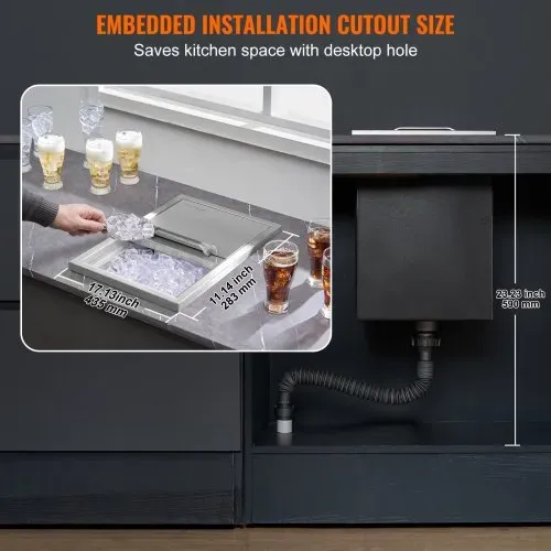 VEVOR 26,7 L Drop-in-Eisbox, 456 x 304 x 371 mm Edelstahl-Eiskühler, Kommerzieller Eisbehälter mit Schiebedeckel, Eingebaute Eisspeichertruhe, Abflussrohr & Ablassstopfen im Lieferumfang Enthalten – Bild 5
