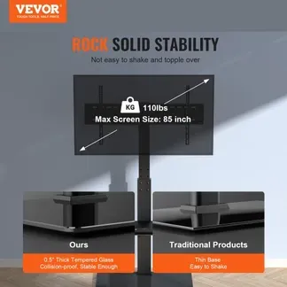 VEVOR TV-Ständer, schwenkbare Bodenständer für Fernseher(32-85 Zoll), höhenverstellbarer tragbarer TV-Standfuß mit gehärtetem Glasfuß, Fernsehständer für Schlafzimmer Wohnzimmer Schwarz VEVOR TV-Ständer, schwenkbare Bodenständer für Fernseher(32-85 Zoll), höhenverstellbarer tragbarer TV-Standfuß mit gehärtetem Glasfuß, Fernsehständer für Schlafzimmer Wohnzimmer Schwarz