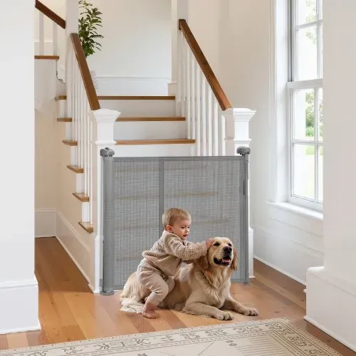 VEVOR einziehbares Babygitter Hundegitter ausziehbar auf 280 cm Breite / 87 cm Höhe, Haustiergitter Schutzgitter aus Netzmaterial für Innentreppen Türen Flure Spielzimmer, Treppenschutzgitter Grau – Bild 7
