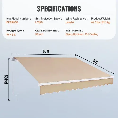 VEVOR Manuell Einziehbare Markise, 304,8 x 243,84 cm Außenterrassen-Markise Sonnenschutz, Wasserabweisendes Polyester, Terrassentür-Fenster-Markise, Sonnenschutz mit Kurbel für Hinterhof, Balkon – Bild 6