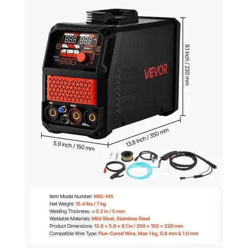 VEVOR 145A MIG-Schweißgerät 4-in-1 MIG/Fülldraht/Lift-TIG/MMA-Schweißen, 220V Tragbare Schweißmaschine für Werkstatt Garage & Heimwerker, IGBT-Inverter, Synergiesteuerung, 2T/4T-Modi, Digitalanzeige – Bild 6