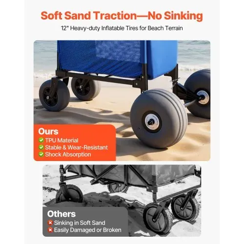 VEVOR Bollerwagen mit Ballonreifen (12 Zoll), Faltbarer Strandwagen mit 4-stufig Einstellbarem Schaumstoffgriff und Pumpe, Handwagen (75 kg Belastbar), Strandkarre Ideal für Camping, Angeln und Garten – Bild 2