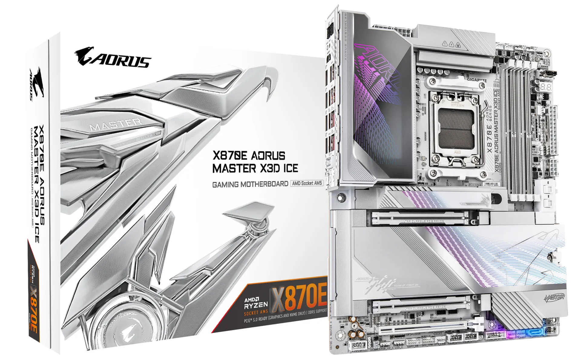 GIGABYTE X870E AORUS MASTER X3D ICE Mainboard – Unterstützt AMD Ryzen 9000 Prozessoren, 18+2+2-Phasen Digital-VRM, bis zu 9000 Hz DDR5 (OC), 2 x PCIe 5.0 + 3 x PCIe 4.0, Wi-Fi 7, 10 GbE LAN, USB 4 GIGABYTE X870E AORUS MASTER X3D ICE Mainboard – Unterstützt AMD Ryzen 9000 Prozessoren, 18+2+2-Phasen Digital-VRM, bis zu 9000 Hz DDR5 (OC), 2 x PCIe 5.0 + 3 x PCIe 4.0, Wi-Fi 7, 10 GbE LAN, USB 4