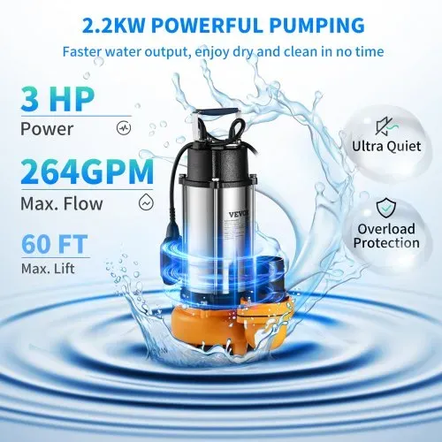 VEVOR Schmutzwasserpumpe mit var. Schwimmerschalter Tauchpumpe 2200W Gartenpumpe Durchfluss 60000L/h Schmutzwassertauchpumpe max. Hub 18m Wasserpumpe IPX8 Ideal zum Pumpen von Wasser – Bild 2